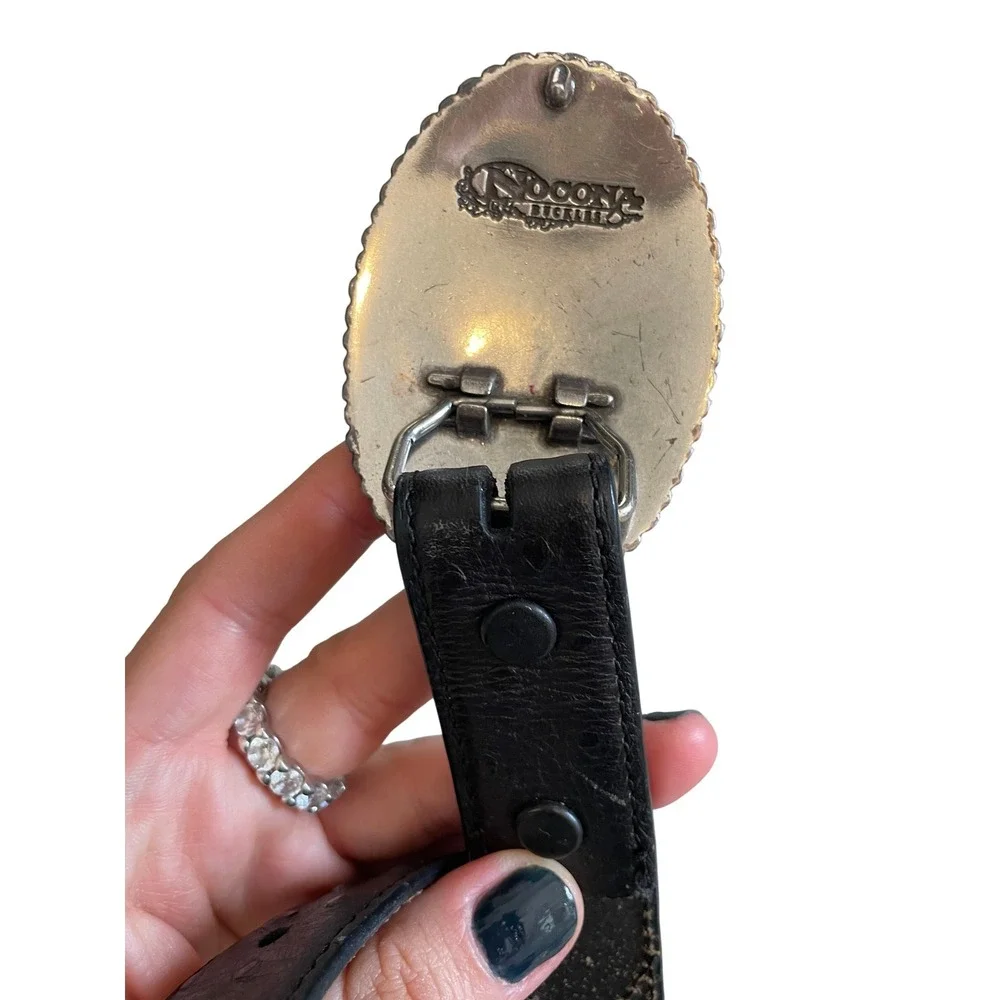Western Leather Ostrich Print Belt Silver Rodeo Buckle Black 29inch by Nocona